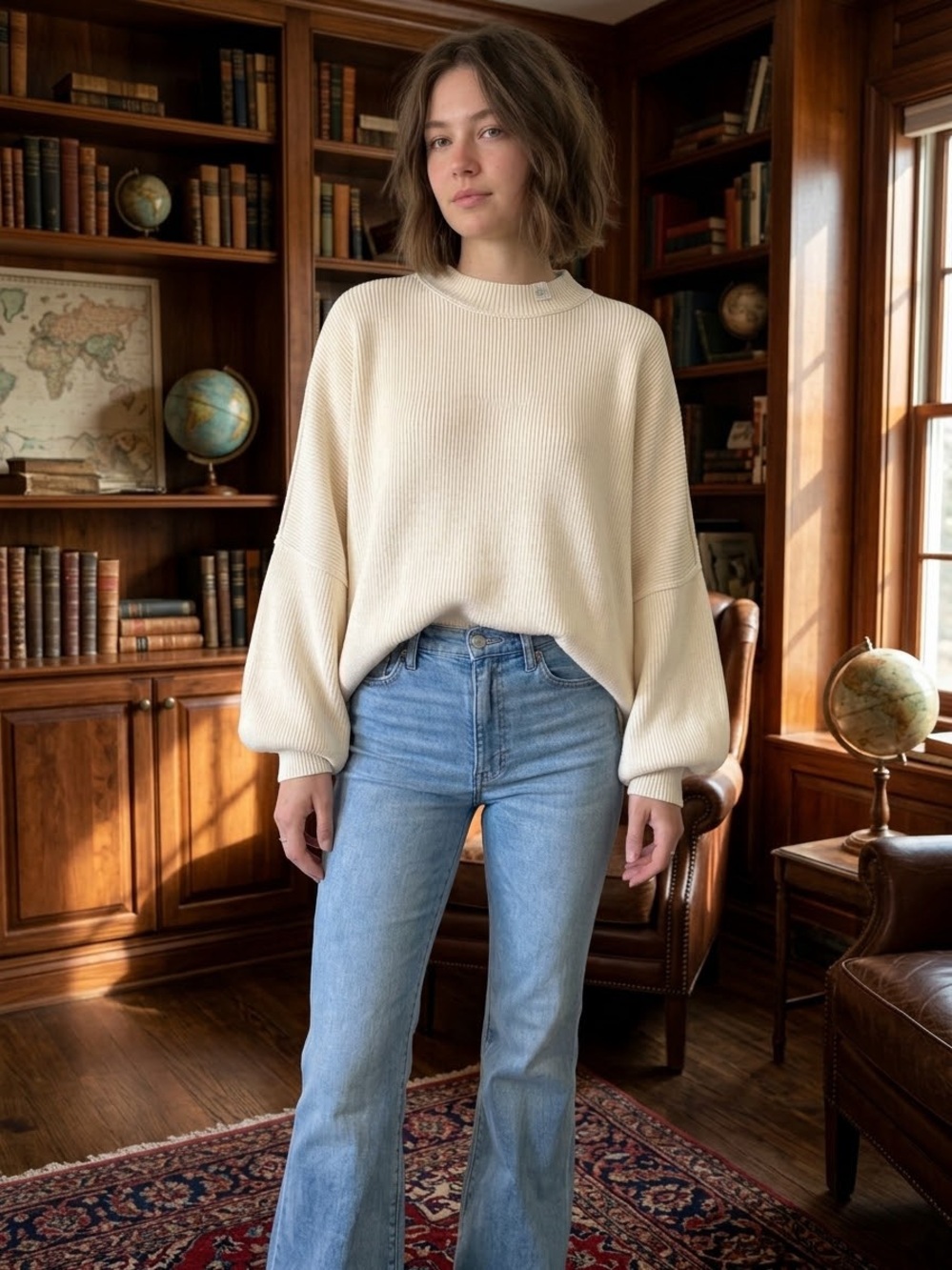 Free people Women's Cream Ribbed Balloon-Sleeve Sweater Sz medium